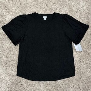 NWT Chico’s Women’s 100% Linen Black Fringe Hem Short Sleeve Top Large